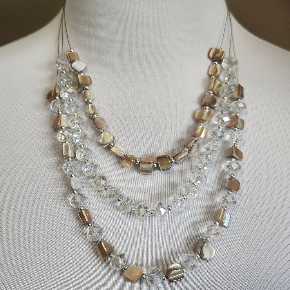 Beaded Necklace 3 Strand Beige Shell Clear Crystal Statement Jewelry‎